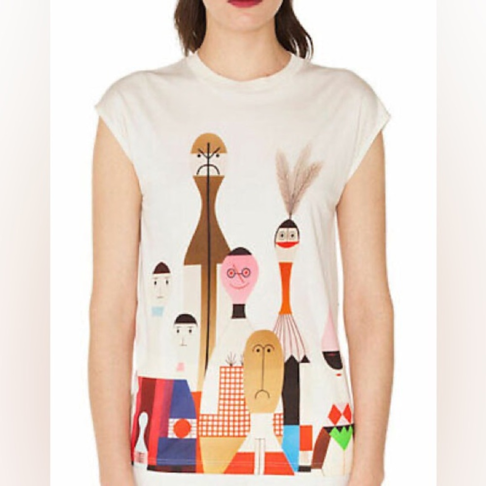 Rare Akris Punto Cap Sleeve Girard Wooden Doll Print Silk Jersey Tee Shirt sz 10
